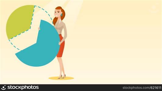 Caucasian female shareholder taking her share of financial pie chart. Young shareholder getting her share of profit. Business woman sharing profit. Vector flat design illustration. Horizontal layout.. Business woman taking his share of the profits.