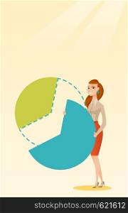 Caucasian female shareholder taking her share of financial pie chart. Young shareholder getting her share of profit. Business woman sharing profit. Vector flat design illustration. Vertical layout.. Business woman taking his share of the profits.