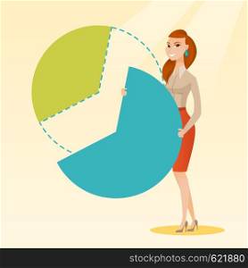 Caucasian female shareholder taking her share of financial pie chart. Young shareholder getting her share of profit. Business woman sharing profit. Vector flat design illustration. Square layout.. Business woman taking his share of the profits.