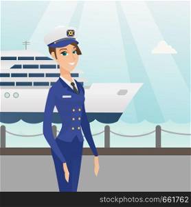 Caucasian female ship captain standing on the background of sea and cruise ship. Young smiling ship captain in uniform standing on the seacoast background. Vector cartoon illustration. Square layout.. Caucasian ship captain in uniform at the port.