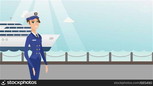 Caucasian female ship captain standing on the background of sea and cruise ship. Young ship captain in uniform standing on the seacoast background. Vector cartoon illustration. Horizontal layout.. Caucasian ship captain in uniform at the port.