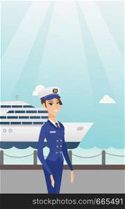 Caucasian female ship captain standing on the background of sea and cruise ship. Young smiling ship captain in uniform standing on the seacoast background. Vector cartoon illustration. Vertical layout. Caucasian ship captain in uniform at the port.
