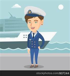 Caucasian female ship captain standing on the background of sea and cruise ship. Young smiling ship captain in uniform standing on the seacoast background. Vector cartoon illustration. Square layout.. Caucasian ship captain in uniform at the port.