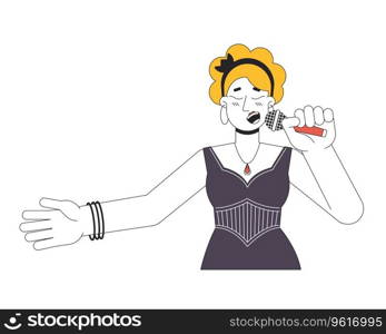 Caucasian female singer vocalist holding microphone 2D linear cartoon character. European adult woman isolated line vector person white background. Concert singing color flat spot illustration. Caucasian female singer vocalist holding microphone 2D linear cartoon character