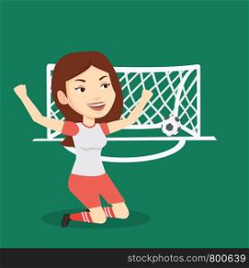 Caucasian female soccer player celebrating scoring goal. Young football player kneeling with raised arms on the background of gate with ball in it. Vector flat design illustration. Square layout.. Soccer player celebrating scoring goal.