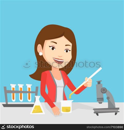 Caucasian female student carrying out laboratory experiment. Student working with microscope at laboratory class. Student experimenting in laboratory. Vector flat design illustration. Square layout.. Student working at laboratory class.