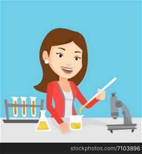 Caucasian female student carrying out laboratory experiment. Student working with microscope at laboratory class. Student experimenting in laboratory. Vector flat design illustration. Square layout.. Student working at laboratory class.