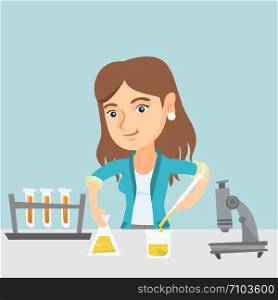 Caucasian female student carrying out laboratory experiment. Young happy student working with a microscope and laboratory equipment with chemical liquid. Vector cartoon illustration. Square layout.. Student conducting experiment in laboratory class.