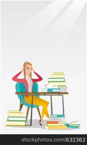 Caucasian female student studying hard before exam. Young stressed student studying with textbooks. Desperate female student studying in the library. Vector flat design illustration. Vertical layout.. Student sitting at the table with piles of books.