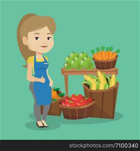 Caucasian female supermarket worker giving thumb up. Young female supermarket worker standing on the background of shelves with vegetables and fruits. Vector flat design illustration. Square layout.. Friendly supermarket worker vector illustration.