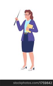 Caucasian female teacher flat color vector faceless character. Teaching class in school. University tutor. Essential worker isolated cartoon illustration for web graphic design and animation. Caucasian female teacher flat color vector faceless character
