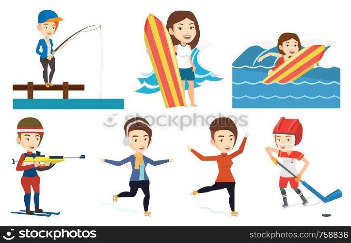 Caucasian figure skater posing on skates. Professional figure skater performing on ice skating rink. Young ice skater dancing. Set of vector flat design illustrations isolated on white background.. Vector set of sport characters.