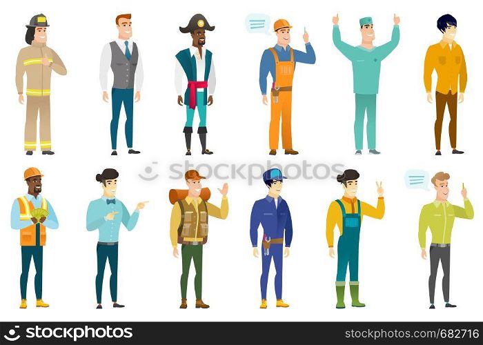 Caucasian firefighter giving thumb up. Full length of smiling firefighter with thumb up. Cheerful firefighter showing thumb up. Set of vector flat design illustrations isolated on white background.. Vector set of professions characters.