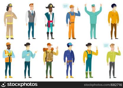 Caucasian firefighter giving thumb up. Full length of smiling firefighter with thumb up. Cheerful firefighter showing thumb up. Set of vector flat design illustrations isolated on white background.. Vector set of professions characters.