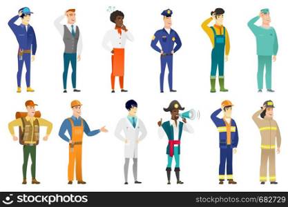 Caucasian firefighter laughing. Firefighter laughing with hands on his head. Firefighter laughing with closed eyes and open mouth. Set of vector flat design illustrations isolated on white background.. Vector set of professions characters.