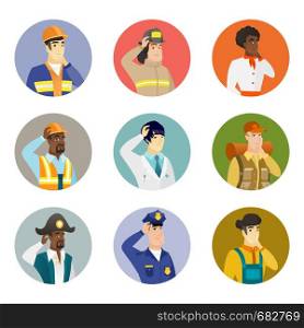 Caucasian firefighter thinking. Firefighter thinking with hand on chin. Firefighter thinking and looking to the side. Set of vector flat design illustrations in the circle isolated on white background. Vector set of characters of different professions.
