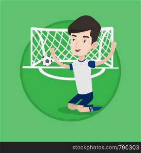 Caucasian football player celebrating scoring goal. Young football player kneeling on the background of football gate with ball. Vector flat design illustration in the circle isolated on background.. Soccer player celebrating scoring goal.