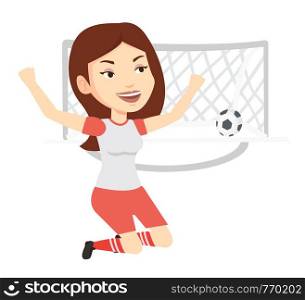 Caucasian football player celebrating scoring goal. Young football player kneeling with raised arms on the background of gate with ball. Vector flat design illustration isolated on white background.. Soccer player celebrating scoring goal.