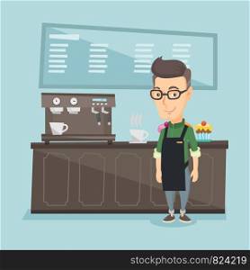 Caucasian friendly barista sanding in front of coffee machine. Barista at coffee shop. Barista making a cup of coffee. Vector flat design illustration. Square layout.. Barista standing near coffee machine.