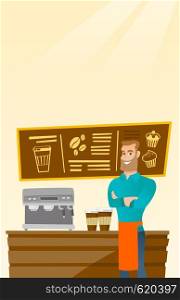 Caucasian friendly barista sanding in front of coffee machine. Male barista at coffee shop. Barista making a cup of coffee. Friendly barista at work. Vector flat design illustration. Vertical layout.. Barista standing near coffee machine.