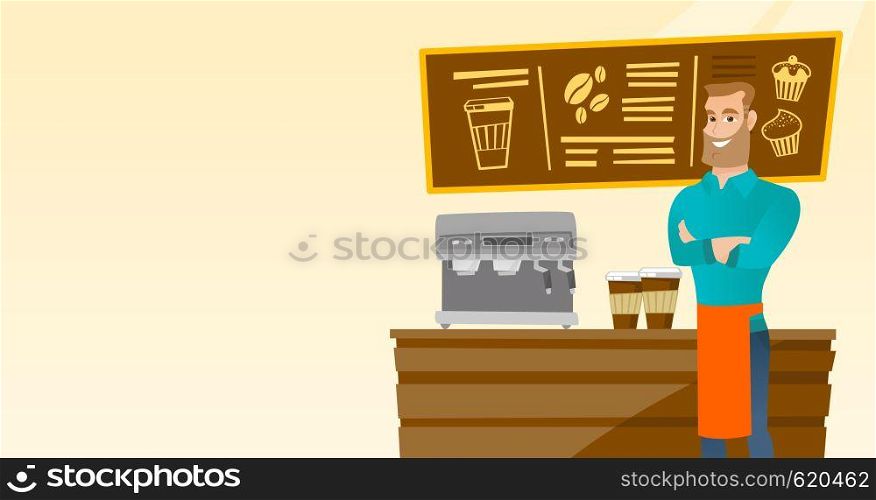 Caucasian friendly barista sanding in front of coffee machine. Male barista at coffee shop. Barista making a cup of coffee. Friendly barista at work. Vector flat design illustration. Horizontal layout. Barista standing near coffee machine.