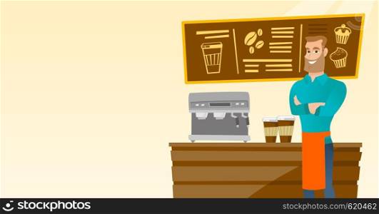 Caucasian friendly barista sanding in front of coffee machine. Male barista at coffee shop. Barista making a cup of coffee. Friendly barista at work. Vector flat design illustration. Horizontal layout. Barista standing near coffee machine.