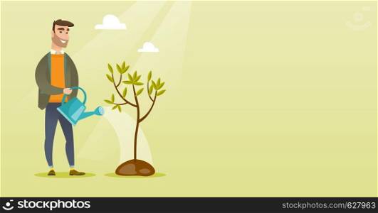 Caucasian friendly man watering tree. Gardener with watering can. Young hipster man with beard gardening. Concept of environmental protection. Vector flat design illustration. Horizontal layout.. Man watering tree vector illustration.