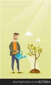 Caucasian friendly man watering tree. Gardener with watering can. Young hipster man with beard gardening. Concept of environmental protection. Vector flat design illustration. Vertical layout.. Man watering tree vector illustration.