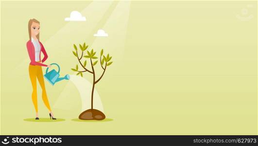 Caucasian friendly woman watering tree. Female gardener with watering can. Young woman gardening. Concept of environmental protection. Vector flat design illustration. Horizontal layout.. Woman watering tree vector illustration.