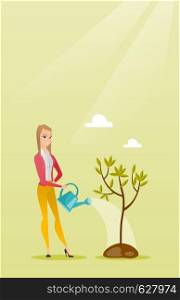 Caucasian friendly woman watering tree. Female gardener with watering can. Young woman gardening. Concept of environmental protection. Vector flat design illustration. Vertical layout.. Woman watering tree vector illustration.