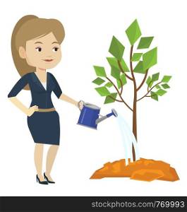 Caucasian friendly woman watering tree. Female gardener with watering can. Young woman gardening. Concept of environmental protection. Vector flat design illustration isolated on white background.. Woman watering tree vector illustration.