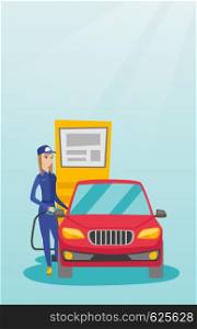Caucasian friendly worker filling up fuel into the car. Smiling female worker in workwear at the gas station. Young gas station worker refueling a car. Vector flat design illustration. Vertical layout. Worker filling up fuel into car.