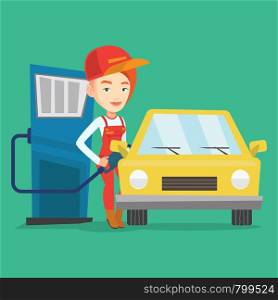 Caucasian friendly worker filling up fuel into the car. Smiling female worker in workwear at the gas station. Young gas station worker refueling a car. Vector flat design illustration. Square layout.. Worker filling up fuel into car.