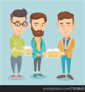Caucasian friends clanging glasses of beer. Men toasting and clinking glasses of beer. Group of friends enjoying a beer at pub. Women drinking beer. Vector flat design illustration. Square layout.. Group of friends enjoying beer at pub.