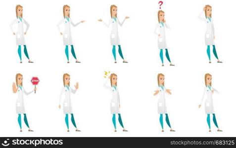 Caucasian furious doctor screaming and pointing finger to the right. Full length of aggressive doctor screaming and shaking finger. Set of vector flat design illustrations isolated on white background. Vector set of doctor characters.