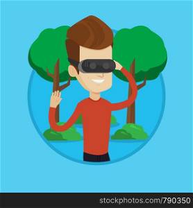 Caucasian gamer wearing virtual reality headset in the park. Man using virtual reality glasses and playing videogame in the park. Vector flat design illustration in the circle isolated on background.. Man wearing virtual reality headset in the park.