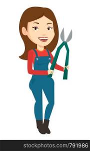 Caucasian gardener holding a pruner. Happy gardener is going to trim branches of a tree with a pruner. Gardener working with a pruner. Vector flat design illustration isolated on white background.. Farmer with pruner vector illustration.