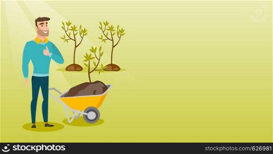 Caucasian gardener with wheelbarrow standing on the background of newly planted trees. Young gardener pushing wheelbarrow with tree and dirt in park. Vector flat design illustration. Horizontal layout. Man pushing wheelbarrow with plant.