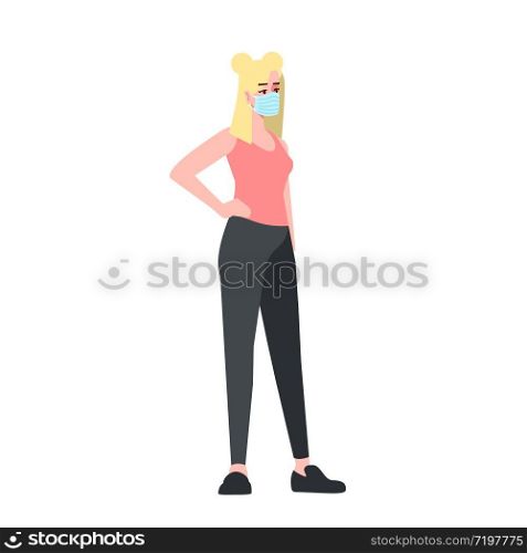 Caucasian girl in surgical mask semi flat RGB color vector illustration. Young woman in pandemic time isolated cartoon character on white background. Contagious covid19 virus and smog protection