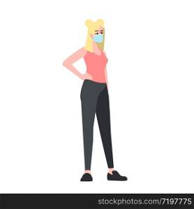 Caucasian girl in surgical mask semi flat RGB color vector illustration. Young woman in pandemic time isolated cartoon character on white background. Contagious covid19 virus and smog protection