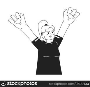 Caucasian girl raising hands monochromatic flat vector character. Expression. Positive emotions. Editable thin line half body person on white. Simple bw cartoon spot image for web graphic design. Caucasian girl raising hands monochromatic flat vector character
