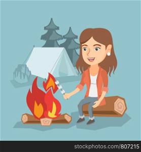 Caucasian girl roasting marshmallows over campfire on the background of camping site with a tent. Girl sitting near campfire and roasting marshmallows. Vector cartoon illustration. Square layout.. Caucasian girl roasting marshmallow over campfire.