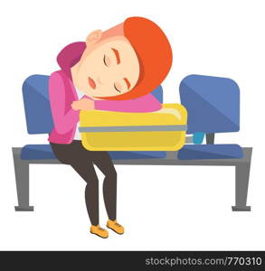 Caucasian girl sleeping on luggage in airport. Woman sleeping on suitcase at airport. Woman waiting for a flight and sleeping on suitcase. Vector flat design illustration isolated on white background.. Exhausted woman sleeping on suitcase at airport.