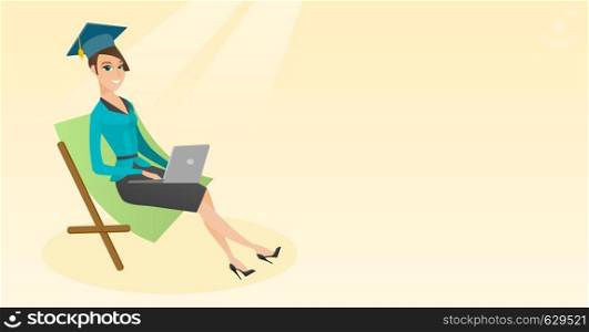 Caucasian graduate lying in chaise longue. Graduate in graduation cap working on a laptop. Graduate studying on a beach. Concept of online education. Vector flat design illustration. Horizontal layout. Graduate lying in chaise lounge with laptop.