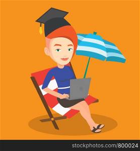 Caucasian graduate lying in chaise longue. Graduate in graduation cap working on laptop. Graduate studying on a beach. Concept of online education. Vector flat design illustration. Square layout.. Graduate lying in chaise lounge with laptop.
