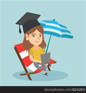 Caucasian graduate lying in chaise longue under beach umbrella. Young graduate in graduation cap working on a laptop on the beach. Online education concept. Vector cartoon illustration. Square layout.. Graduate lying in chaise lounge with a laptop.