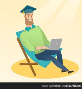 Caucasian graduate sitting in chaise longue. Graduate in graduation cap working on laptop. Graduate studying on a beach. Concept of online education. Vector flat design illustration. Square layout.. Graduate sitting in chaise lounge with laptop.