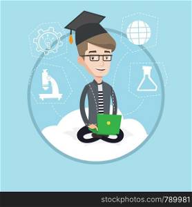 Caucasian graduate sitting on cloud with laptop. Student in graduation cap working on laptop. Concept of educational technology. Vector flat design illustration in the circle isolated on background.. Graduate sitting on cloud vector illustration.