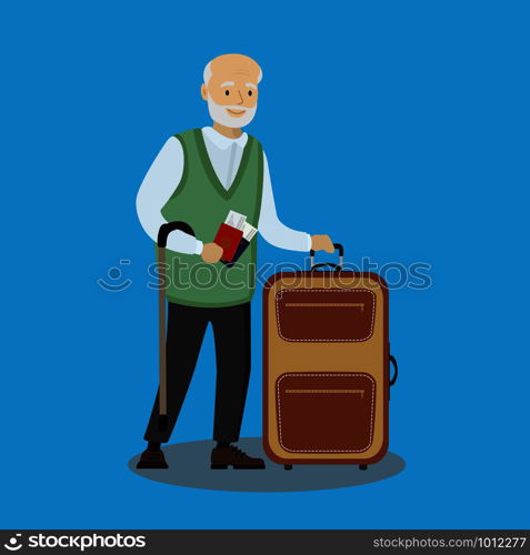 Caucasian Grandfather with suitcase,cartoon vector illustration. Caucasian Grandfather with suitcase