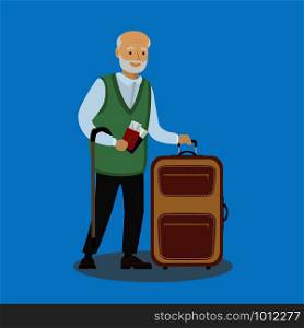 Caucasian Grandfather with suitcase,cartoon vector illustration. Caucasian Grandfather with suitcase